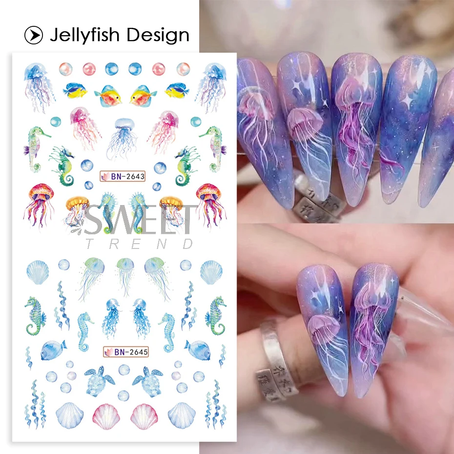 ฤดูร้อนที่มีสีสัน Conch ปลาดาวเล็บสติกเกอร์น้ํา Blue Ocean Theme Marine Life Design DIY แมงกะพรุนเล็บ Watermark Sliders