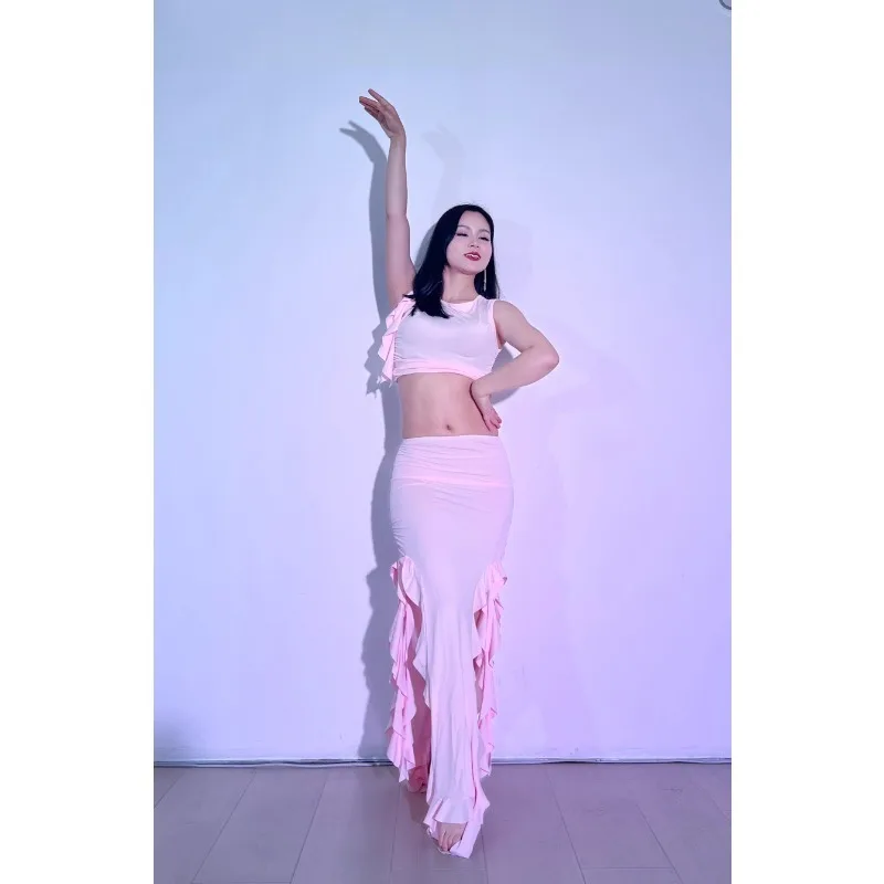 Traje de danza del vientre personalizado, vestido largo de práctica de danza Oriental con borde de hoja de loto, falda larga superior de danza del vientre