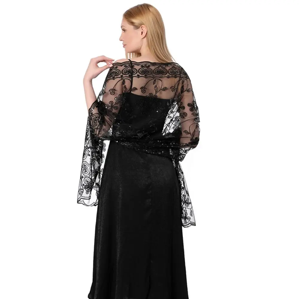 

Shiny Sheer Embroidery Sequins Shawls Hollow Out Multicolor Tassel Wrap Dance Accessories Tulle Evening Dress Scarf Bride