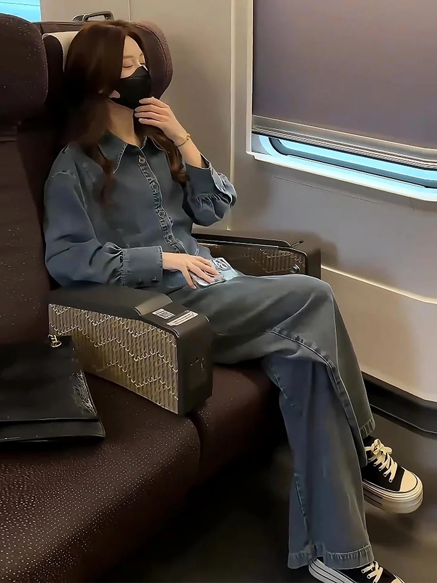 Retro hong kong sle denim conjunto feminino primavera 2025 novo high-end calças de perna larga terno de duas peças el faion conjunto