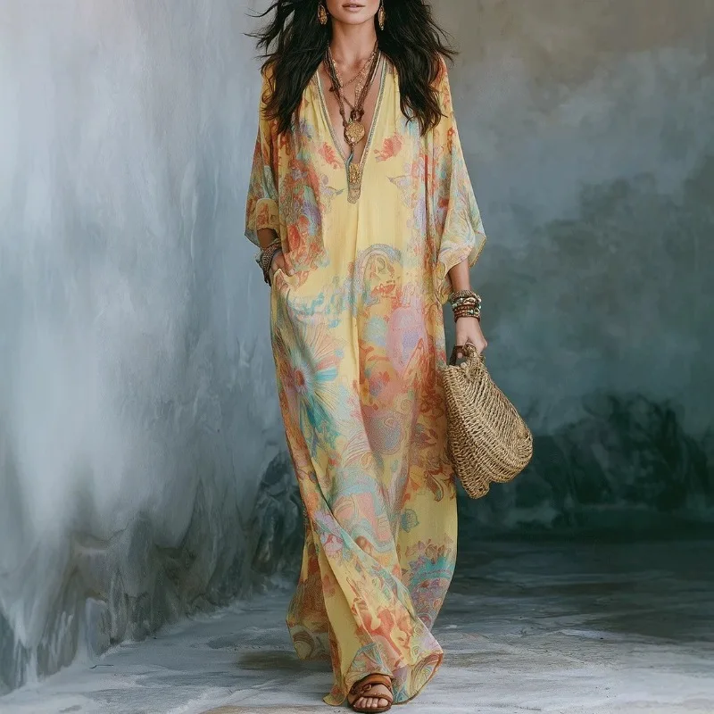 Summer Digital Print Flowy Maxi Dress Women Bohemian Vintage Ethnic Style New Casual Beach Resort Long Gown Boho