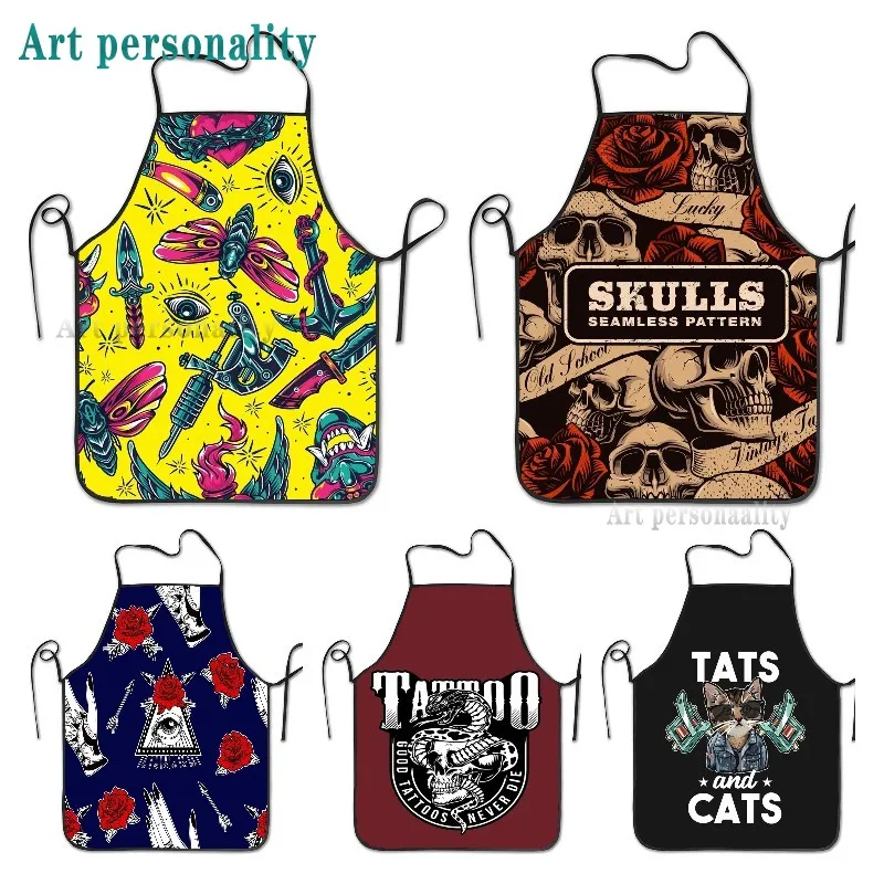 Tattoo Apron a Skull Tribal Floral Like Designs Sexy Aprons Unisex Adult Apron Kitchen Bib with Adjustable Neck for Cooking