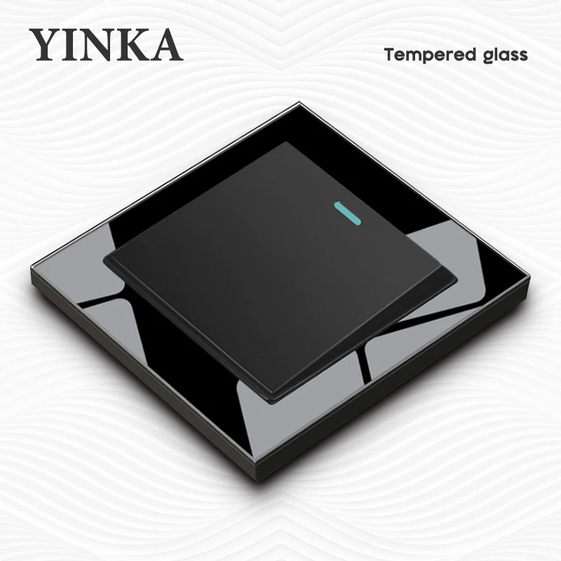 

YINKA Tempered Glass Penal 1 Gang 2 Way Light Switch On / Off Wall Switch Push Button Switch Black 86mm*86mm AC110~250V