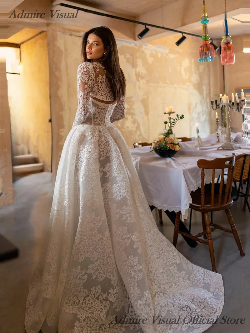 

Свадебное платье Admire Visual: А-силуэт, кружево, высокий воротник, баскская талия, со съемными длинными рукавами, индивидуальный пошив для невесты
