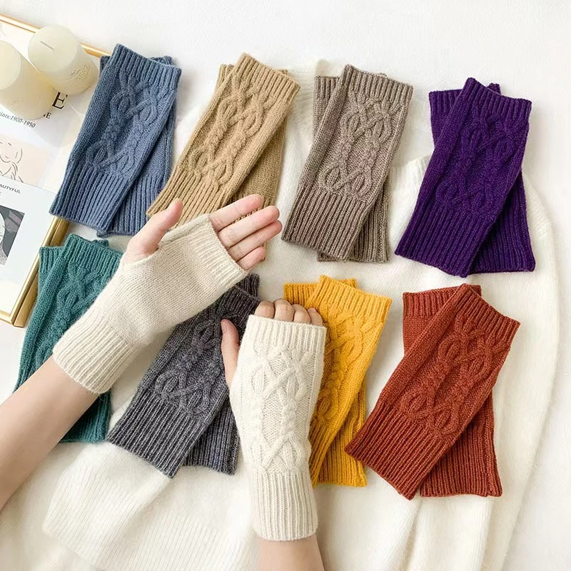 Knitted Fingerless Gloves Solid Color Short Crochet Wrist Sleeves Autumn Winter Women's Driving Warm Half Finger Mitten