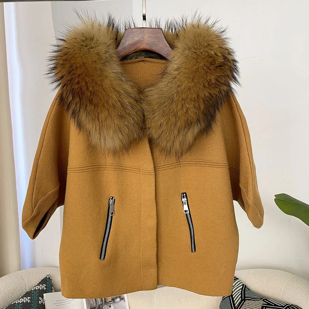 Huisong nova camisola de malha curta feminina com gola de pele de raposa real moda batwing manga cardigan casaco coreano outono inverno