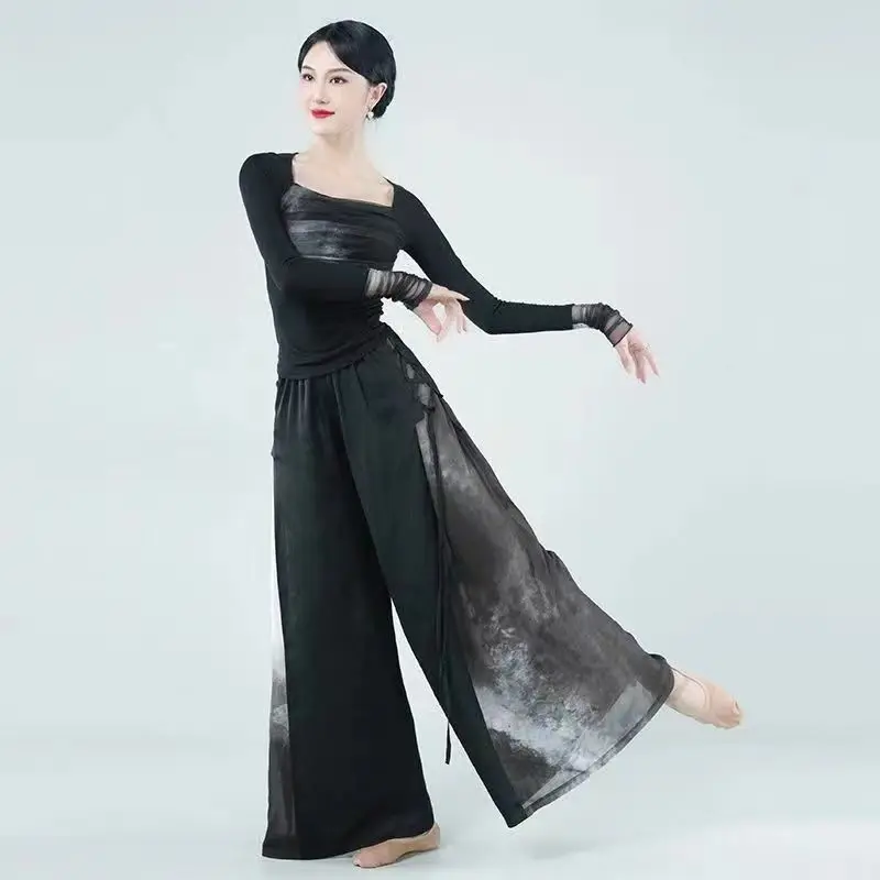 Modern Dance Classical Dance Mesh Ruffles Top Performance  Practice Costume Yoga Flowing Black Tie-dye Cheongsam Wide Leg Pants