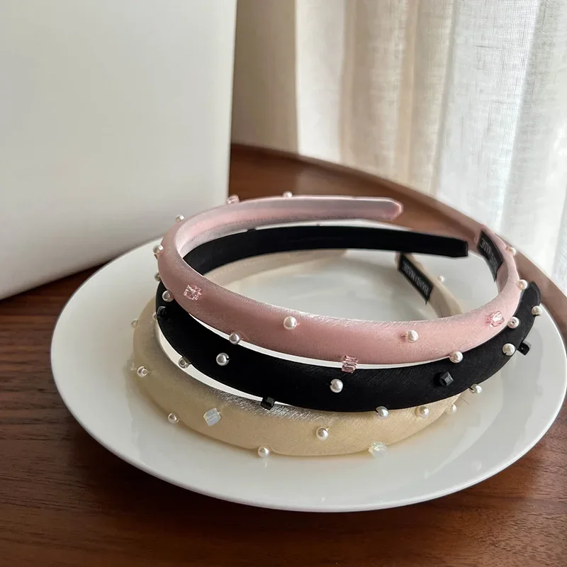 عصابة رأس كورية من اللؤلؤ للنساء بلون سادة، عصابة رأس على شكل طوق للشعر، إكسسوارات للشعر، أغطية رأس عالية الجودة للنساء والفتيات #2