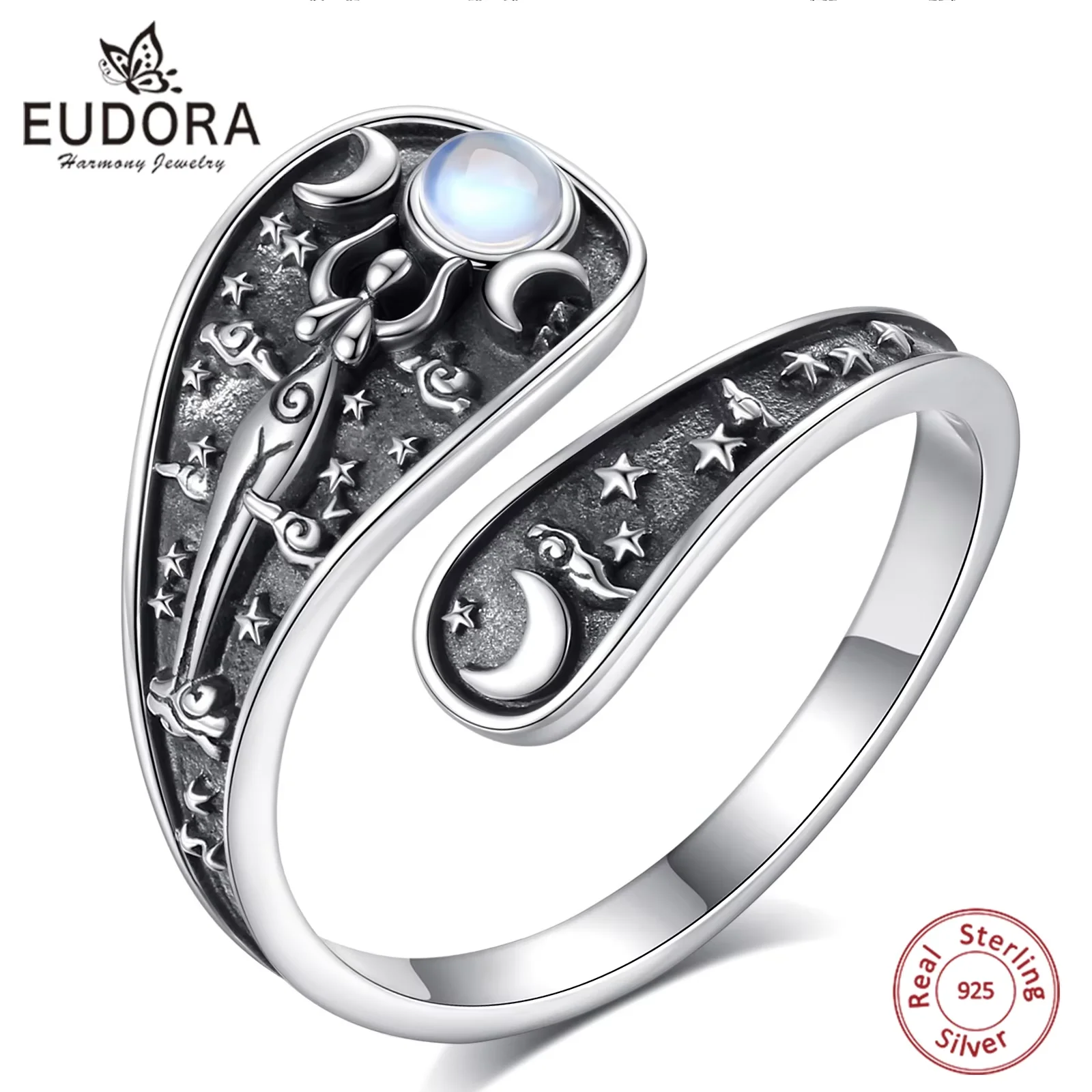 

Eudora 925 Sterling Silver Triple Moon Goddes Adjustable Ring Moonstone Hecate Amulet Spoon Ring Vintage Jewelry Gift for Women