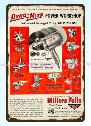 millers falls tools dyno-mite power workshop metal tin sign bathroom home decor