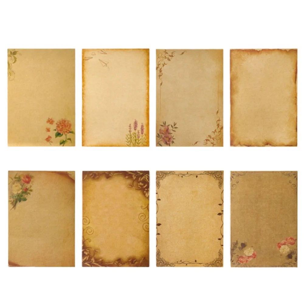 8 Pieces Kraft Writing Paper Floral patterned Brown Mail Paper A5 Antique Colored Printed Writing Stationery Papers