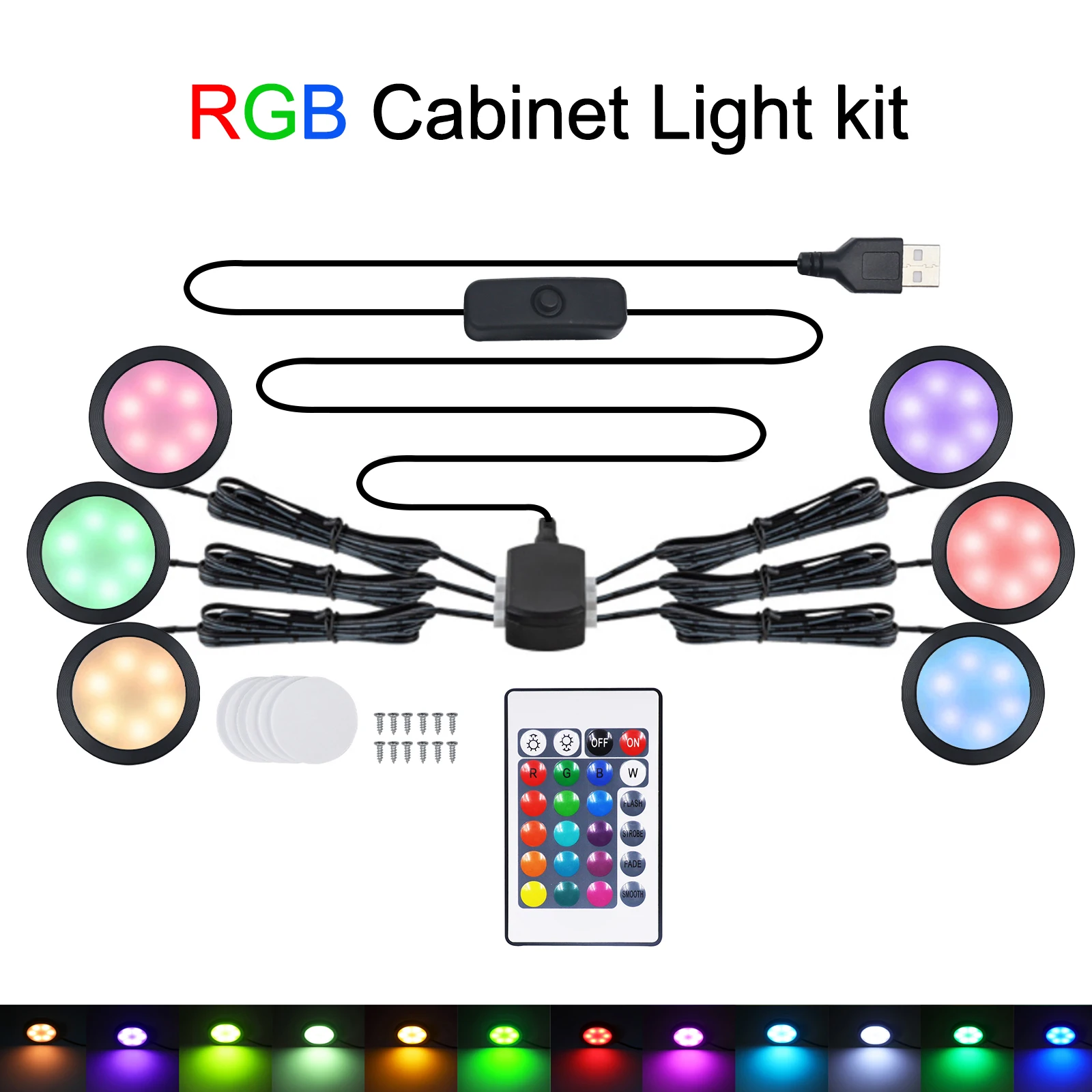 5V USB Switch LED Round Under Cabinet Light Kit Remote Control RGB Color Change Dimming for Kitchen Shelf Closet Wardrobe Decor