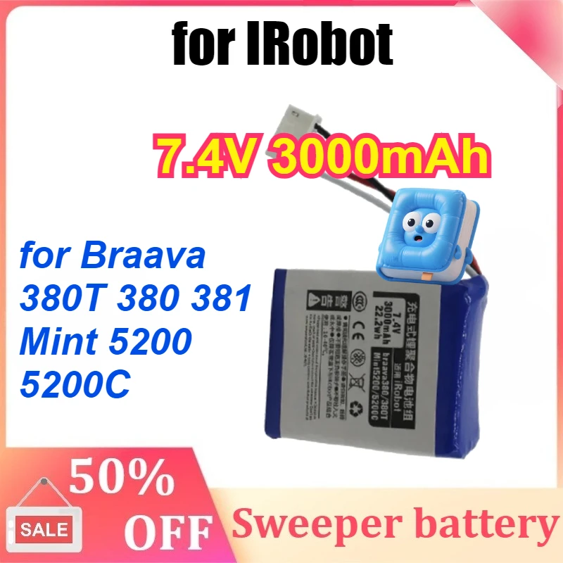 

7.4V 3000mAh Battery Rechargeable Battery for IRobot Braava 380T 380 381 Mint 5200 5200C Accessories Replacement Bateria