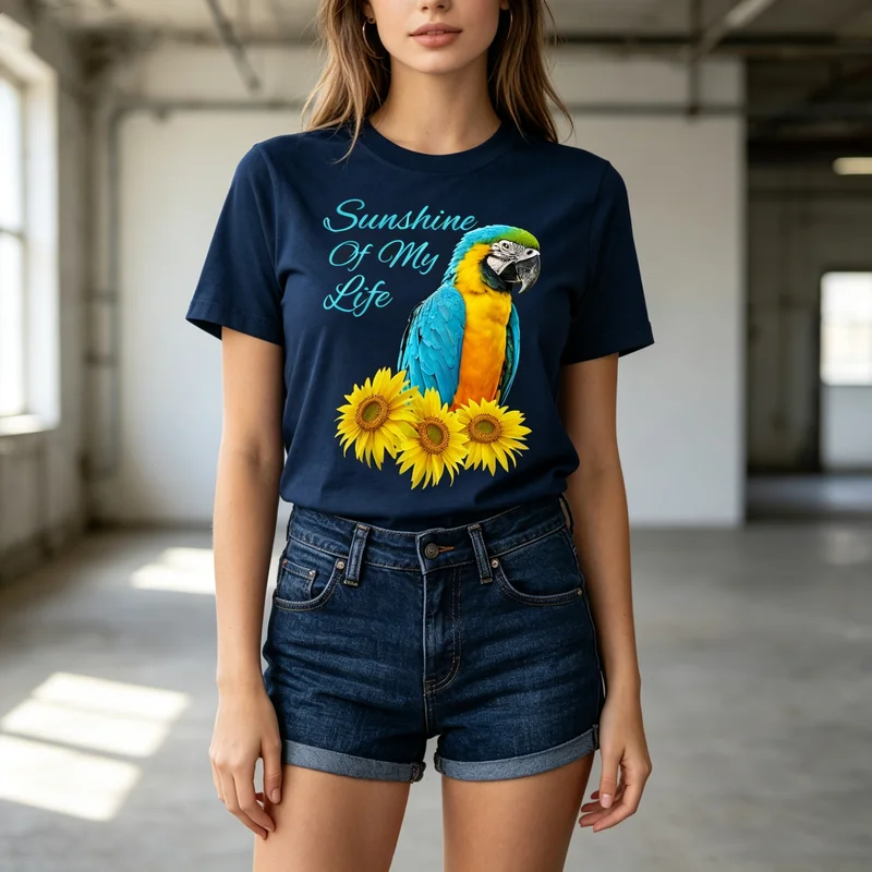 Parrot Sunflower Graphic T Shirt Sunshine of My Life Bird Flower Print Womens 100%Cotton Crew Top  Harajuku  Oversized Tee