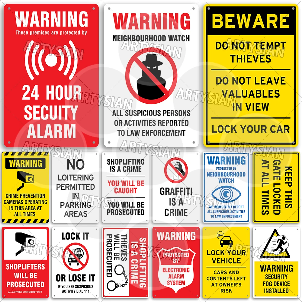 Security Warning Plaque Crime Prevention Metal Sign Lock Your Vehicle 24 Hour Security Alarm Anti-Theft Notice Theft Prevention