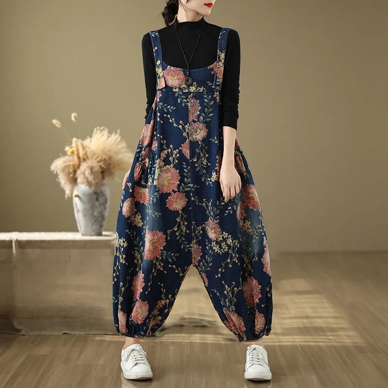 

Flower Print Vintage Suspender Jeans for Women Good Quality Hip Hop Baggy Streetwear Lantern Trouser Female Clothing