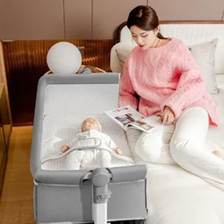 Baby Crib Portable Movable Foldable Height Adjustable Splicing Large Bed Multifunctional Baby Bedside Swing Cradle, Sleeping Bed