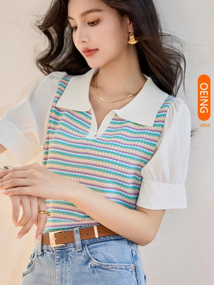 

Fashion Plaid Spliced Short Sleeve Pullover Shirt Women Tops 2024 Summer New Elegant Chic Slim Fit Casual Blouse Clothes C3276