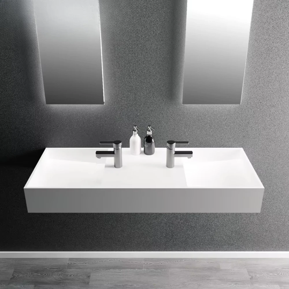 

Modern rectangular wall-mounted solid surface bathroom basin ceramic marble drain polished fitting for apartment installation