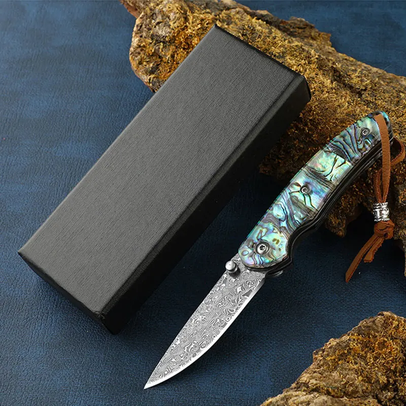 Damascus Folding KnifeMulti-purpose Delicate Fruit KnifeColoured Shell Portable Defensive Pocket KnifeOutdoor Survival Knife