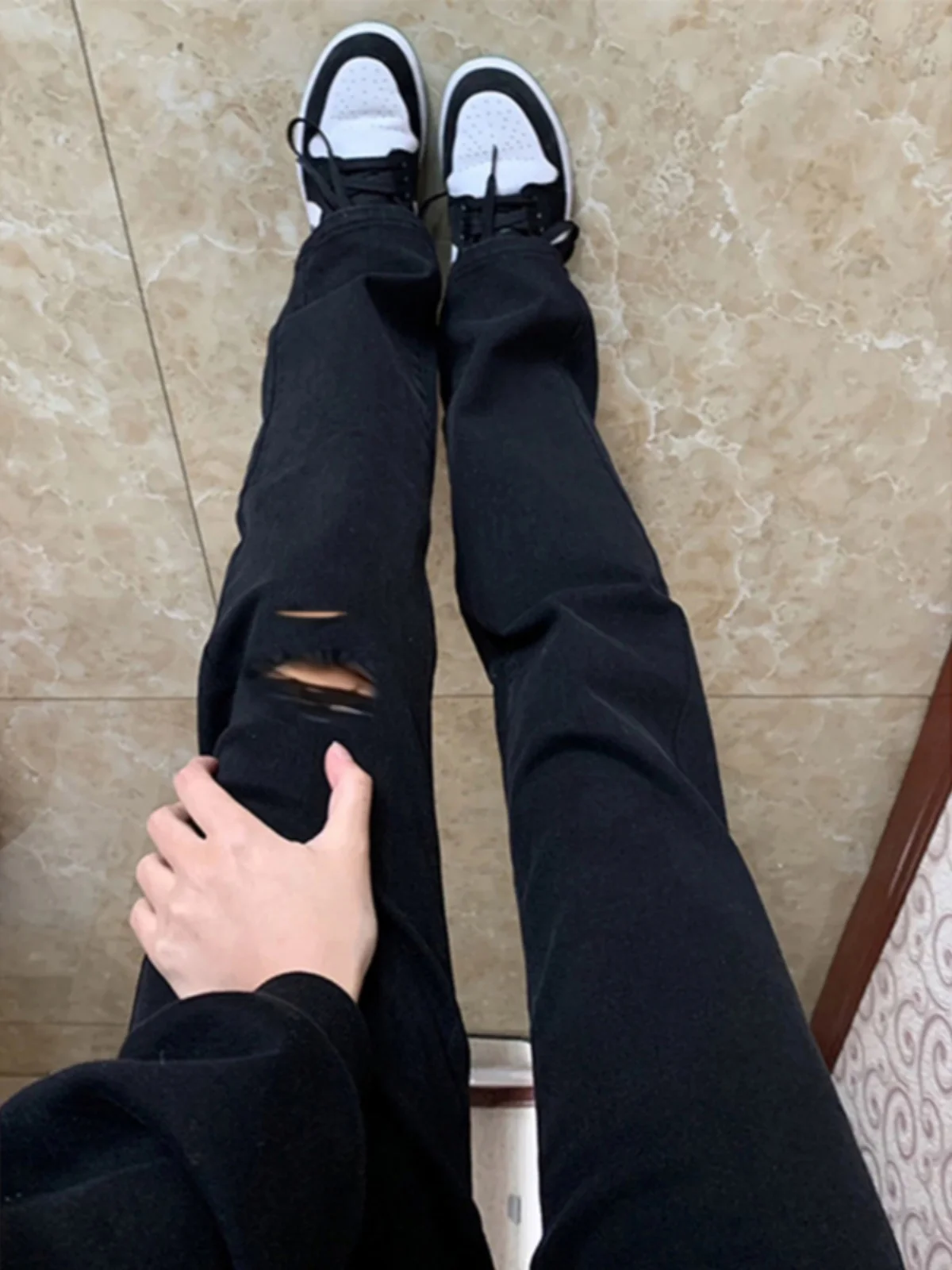 

Bla Skinny Jeans Men's Summer Thin American Trendy Brand Hole Punch Straight Leg Pants Youth Faion Straight Cut Trousers