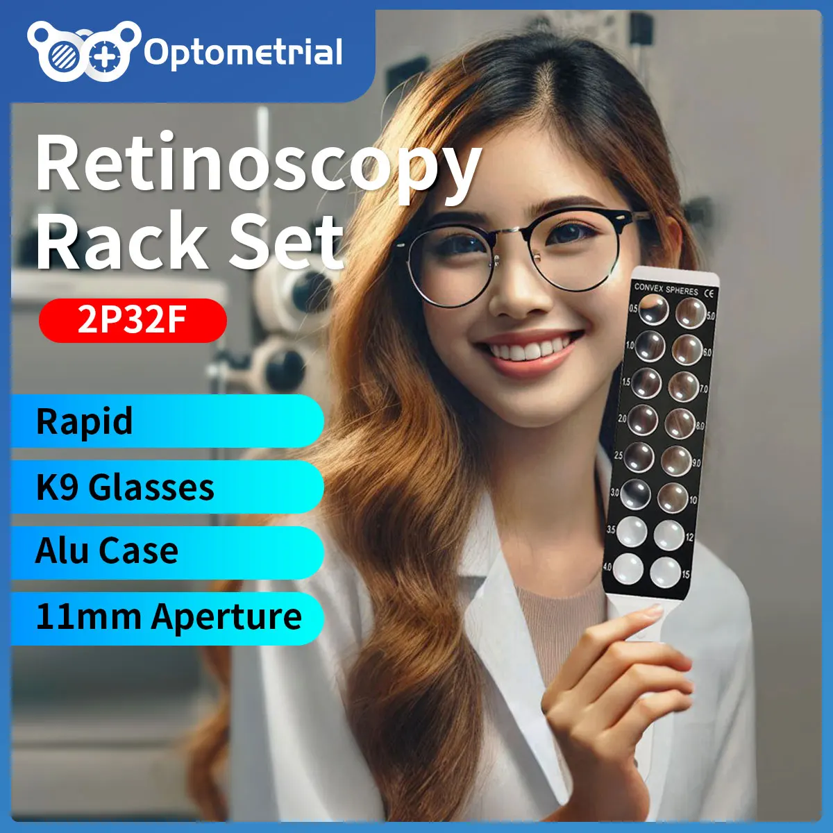 Optometric Retinoscopy Rack Set Max 15.00DS Pad2 32 Diopters Optical Lens Set Optometry Retinoscopy Bars Aluminium Case