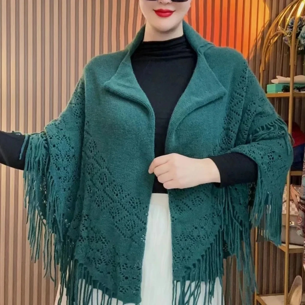 Versatile Shawl Women Autumn Winter Solid Color Hollowed Out Knitted Cardigan Jacket Mother Long Tassels Cape Knitting Bib Scarf