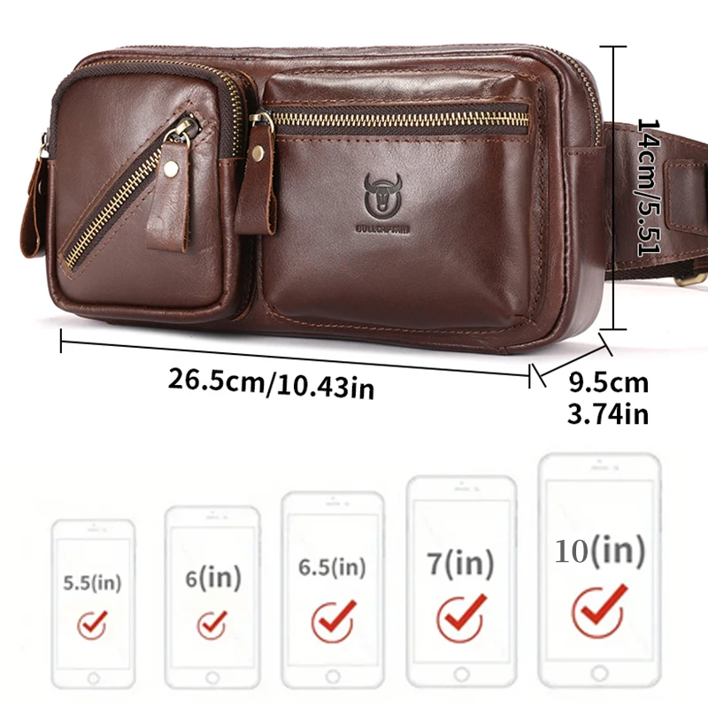 BULLCAPTAIN Men\'s Genuine Leather Chest Bag Outdoor Sports Shoulder Bag Multifunctional Large Capacity Waist Bag