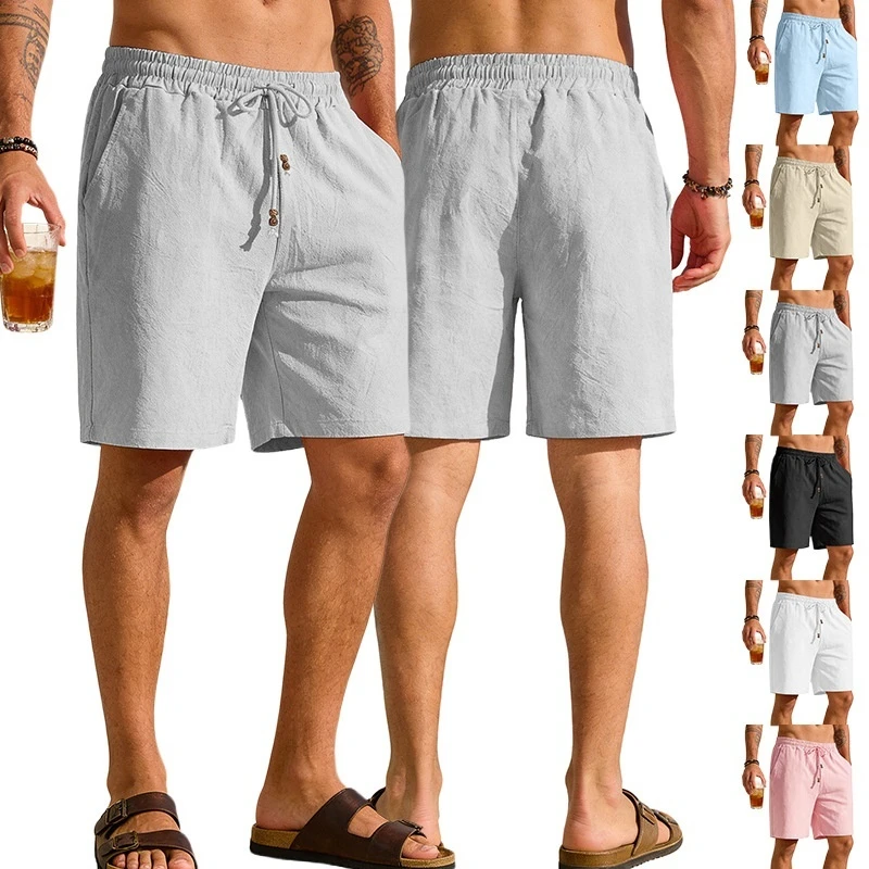 Men Solid Color Cotton Linen Shorts Summer Loose Casual Beach Pants For Men Outdoor Sports Daily Wear