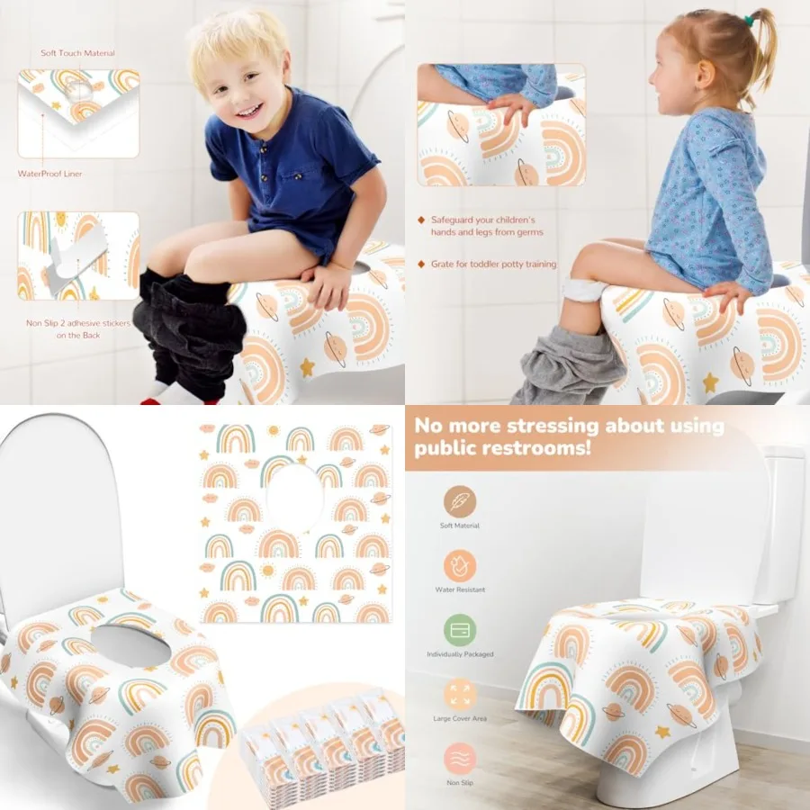 

30 Pack Toilet Seat Covers Disposable, Individually Wrapped for Travel, Large Waterproof Potty Covers for Kids and Adults,Toddler Potty Training for Public Restroom, Airplane, Trip - Rainbow