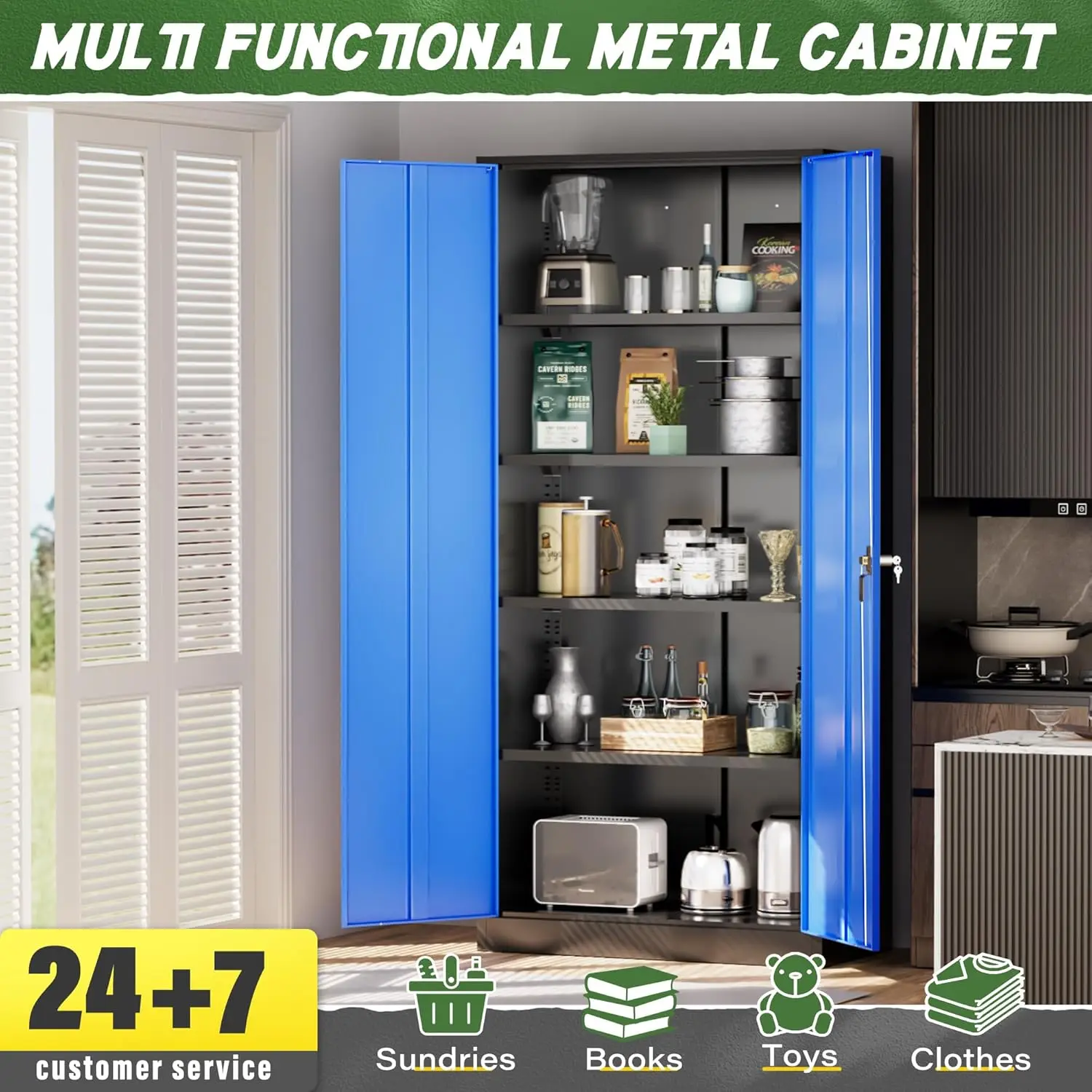 خزانة تخزين جراج معدنية مع أبواب وأرفف، خزانة تخزين جراج بقفل فولاذي بطول 72 بوصة، تخزين مكتبي معدني