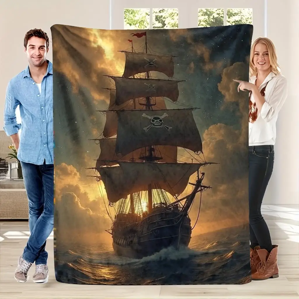 Pirate Ship Sunset Ocean Adventure Fleece Blanket 3D Print Soft Warm Throw Cover Decor Art Gift for Pirate Fans Home Bed Room