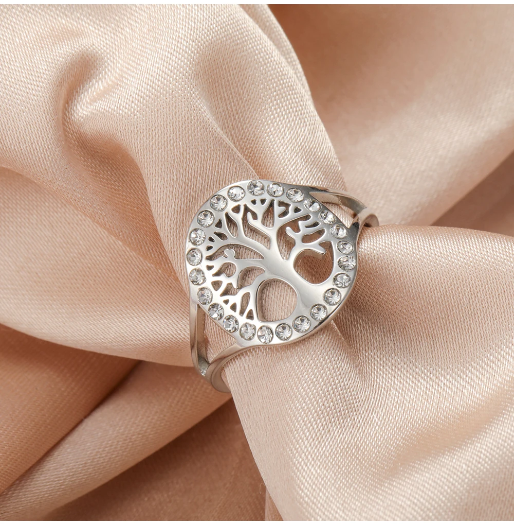 COOLTIME Baum des Lebens Klarer Zirkon Ring Edelstahl Verstellbar Damen Amulett Fingerringe Schmuck Geschenk – Detail 7