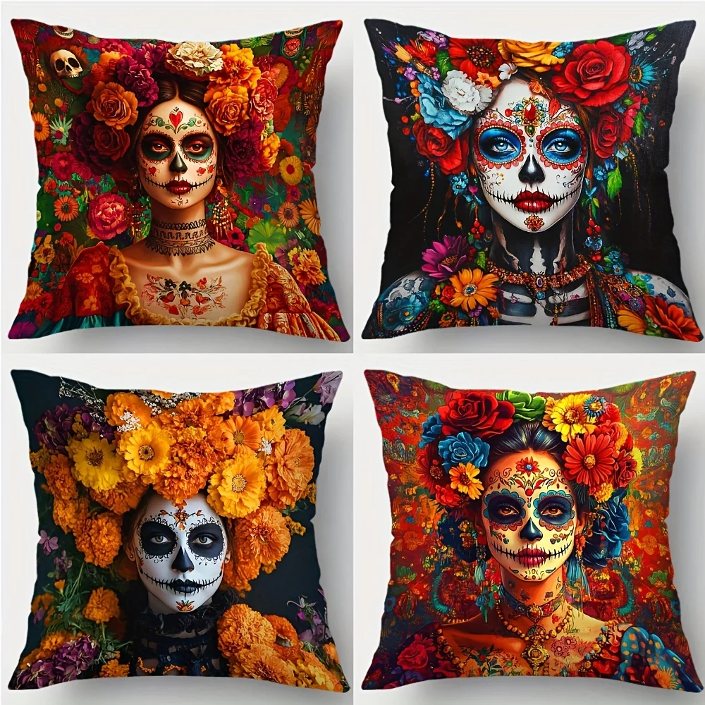 Vibrant Bohemian Sugar Skull Dia de Muertos Mexican Art Print Throw Pillowcase Cover Gothic Home Decoration