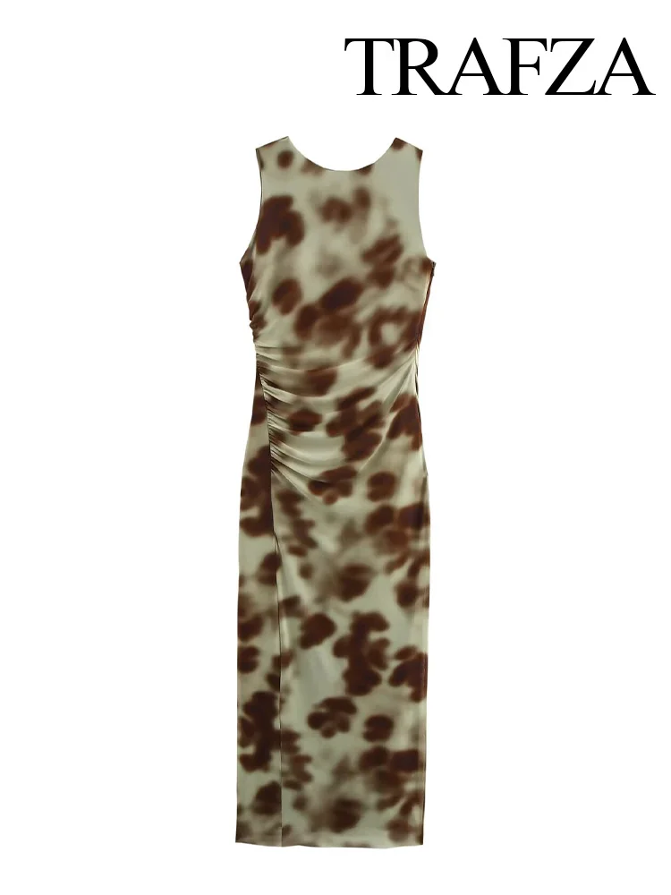 

TRAFZA 2025 Women Spring Fashion Printed Sleeveless Backless Midi Dresses Casual Female Side Zipper Pleated O-Neck Dress