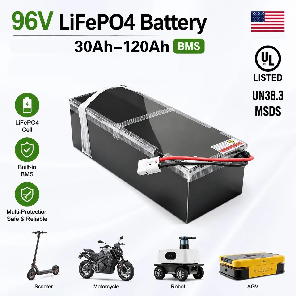 96V 120Ah 100Ah 30Ah 40Ah 50Ah LiFePo4 Lithium Battery BMS for 5000W 7000W  11KW Motor Robot Scooter Motorcycle AGV + Charger