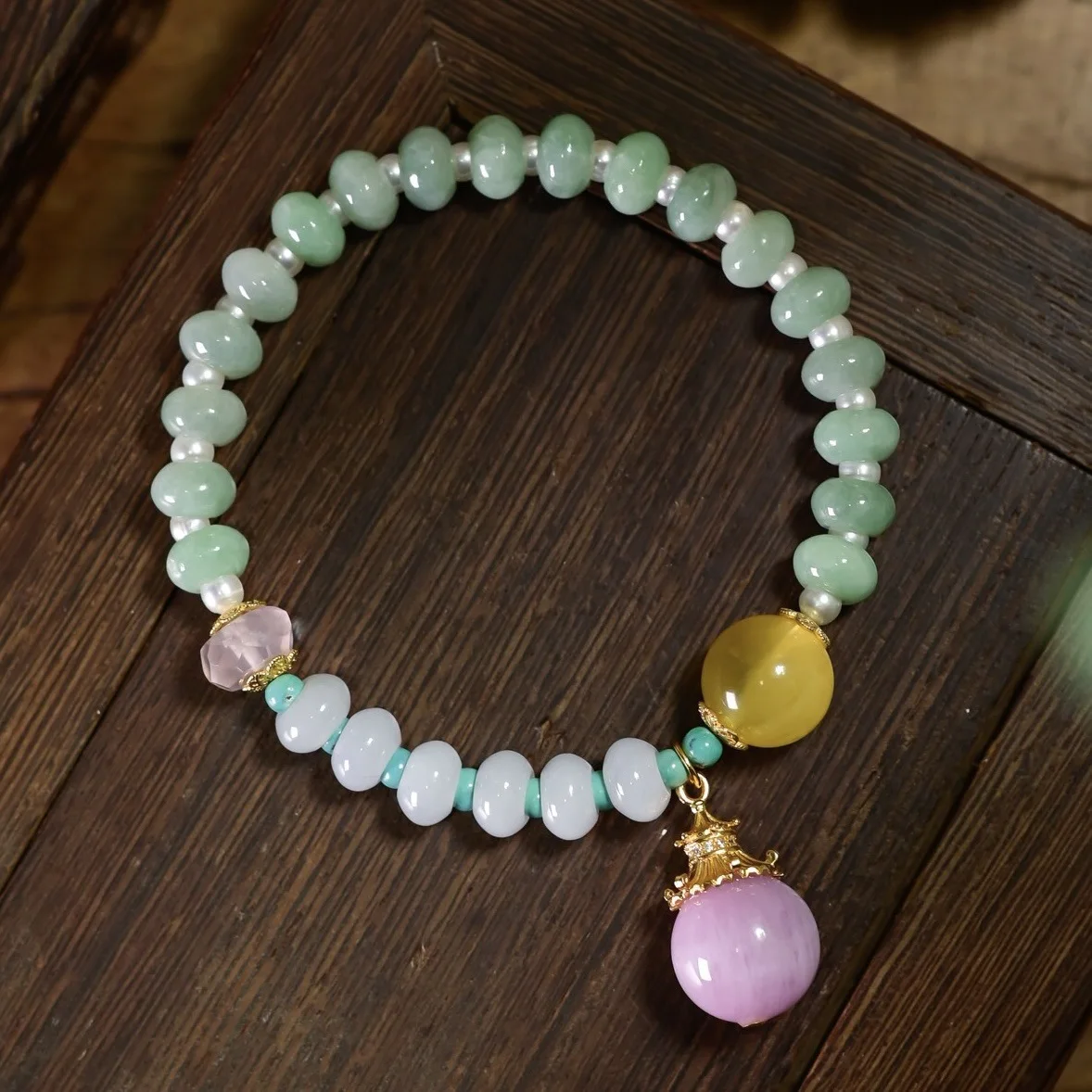 Natural Two-tone Jade Apple Bead Bracelet Freshwater Pearl Amber Kunzite S925 Silver Gold Plated Chinese Women Jewelry