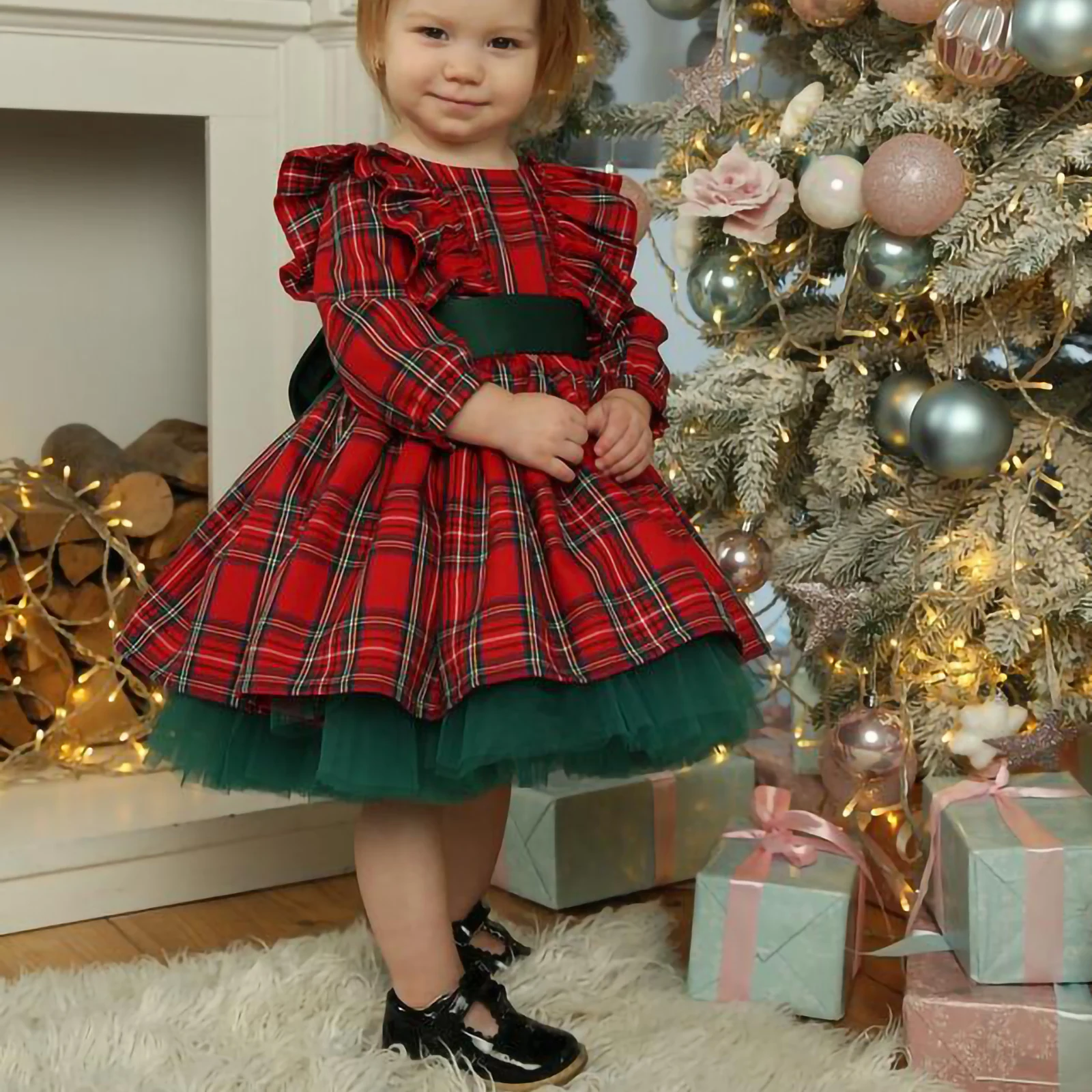 Newborn Christmas Dress Baby Girls Plaid Fly Sleeve Round Neck Mesh Patchwork Girls Baby Xmas Costumes Tutu Party Dresses