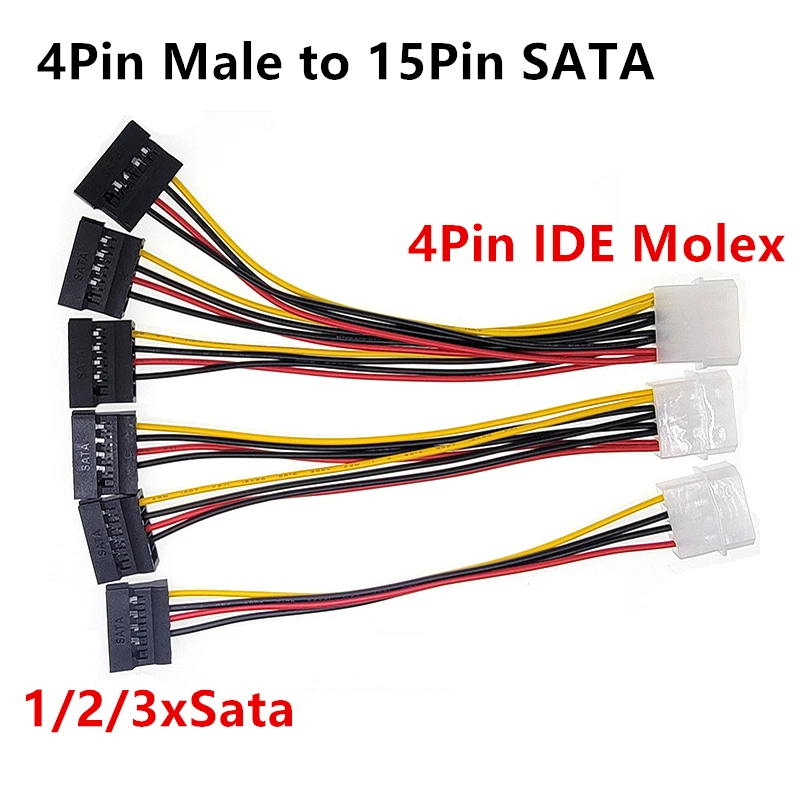 

4Pin IDE Molex to 2 3xSata Serial ATA 15Pin SATA to 4pin male Y Splitter Hard Drive Power Supply Cord Extension Cable 22AWG