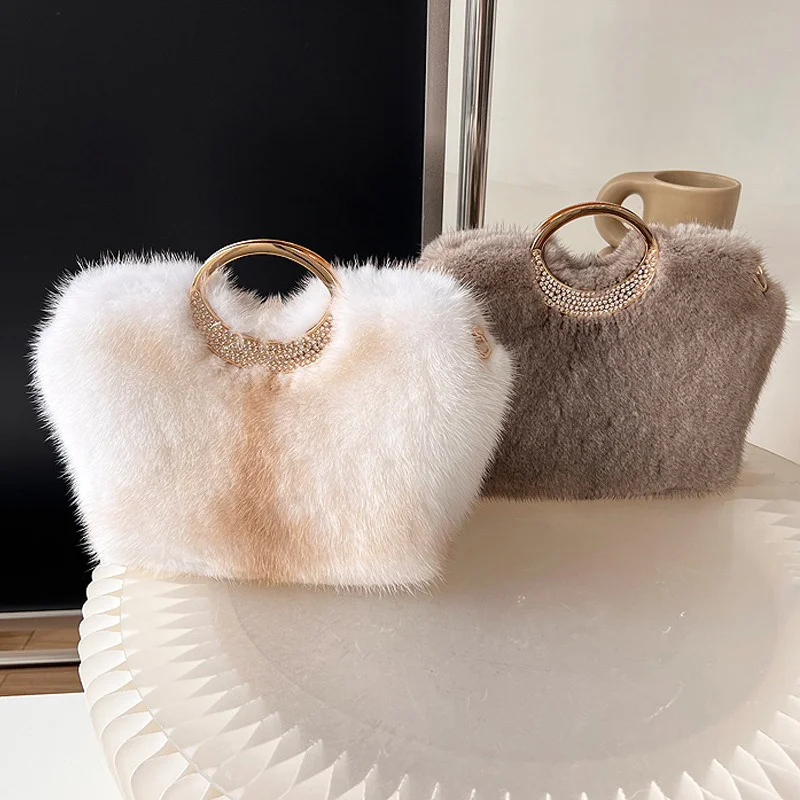 

New Women's Handbag 100% Mink Hair Korean Edition High Grade Water Diamond Commuter Shoulder Bag Large Capacity Tote Bag