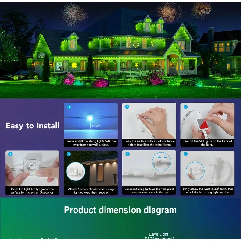 RGB Eaves Lights 30M Permanente Outdoor LED Light String Strip APP Smart DlY Auto Scène Lichteffecten Kerstvakantie Decor