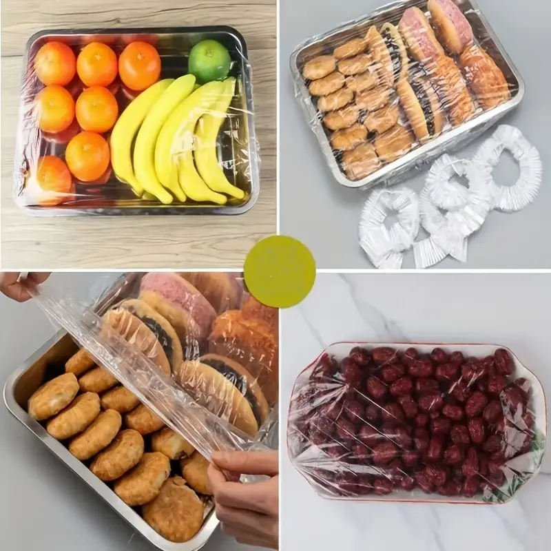 

50pcs Reusable PE Elastic Food Covers - Stretchable Plastic Lids for Bread, Fruits, Snacks | Durable Transparent Seal