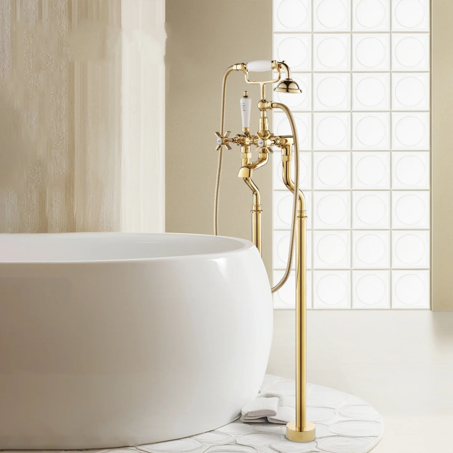 

Luxury Bathroom Bathtub Faucet Set Floor Decked Gold Total Brass Classical American Style Shower Faucet Set Cross Handle
