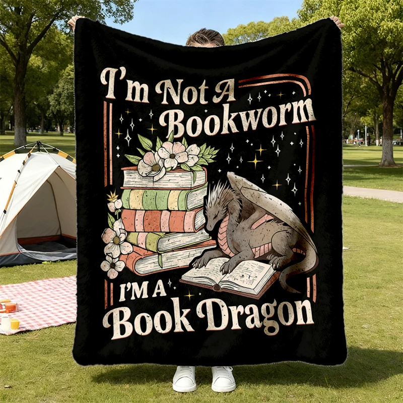 Book Dragon Flannel Blanket, Fantasy Reader Throw, Book Lover Dragon Gift, I'm Not A Bookworm