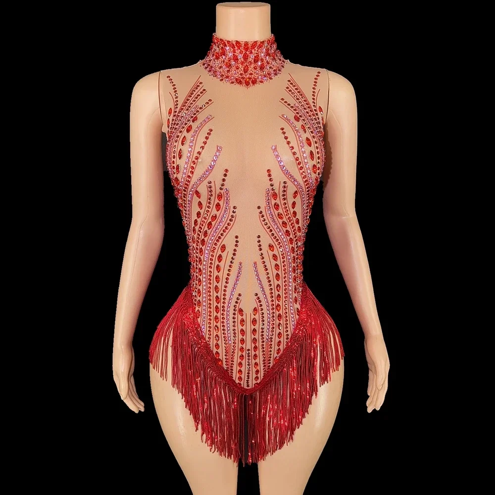 

Sparkly Rhinestone Sequins Fringes Bodysuit Women Sexy Transparent Sleeveless Nightclub Team Performance Costume Show Stage Wear