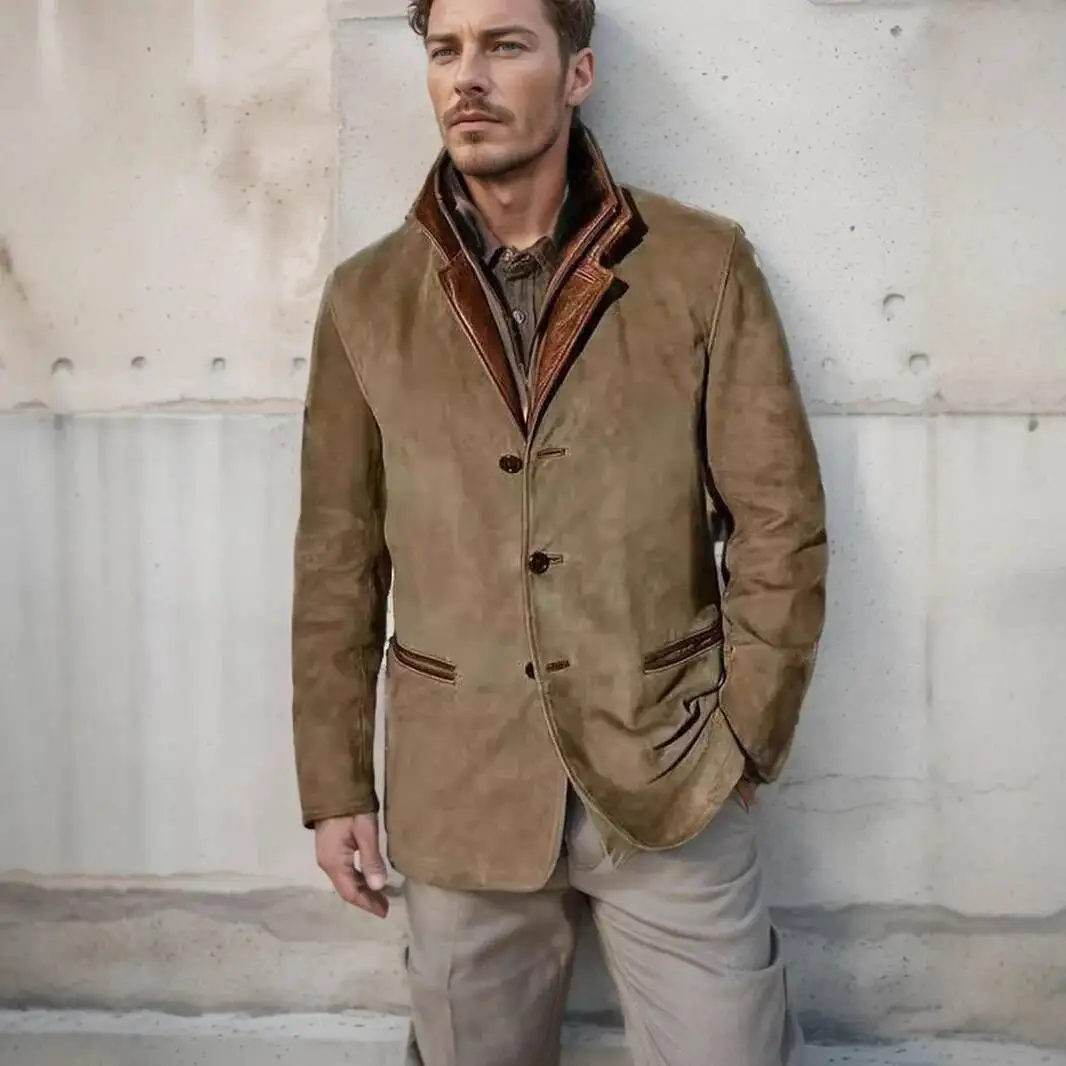 

Retro Style Men's Casual Jacket Spring Autumn Fashionable Splice Color Block Collar Coat Polyester Fabric Wear Resistant