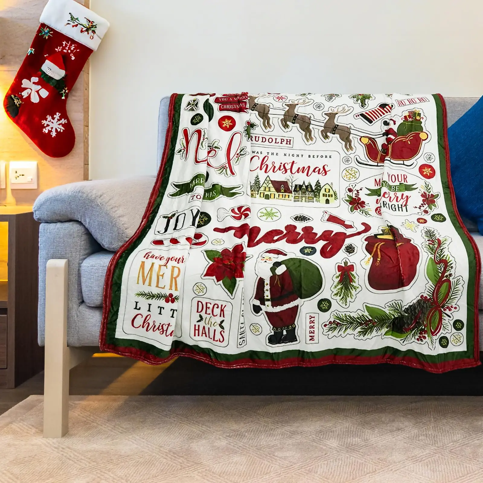 Weihnachts-Überwurfdecke, Weihnachtsmann, Rentier, Winter-Fleece-Flanelldecke, fröhliche, weiche, gemütliche Plüschdecken für Couch, Bett