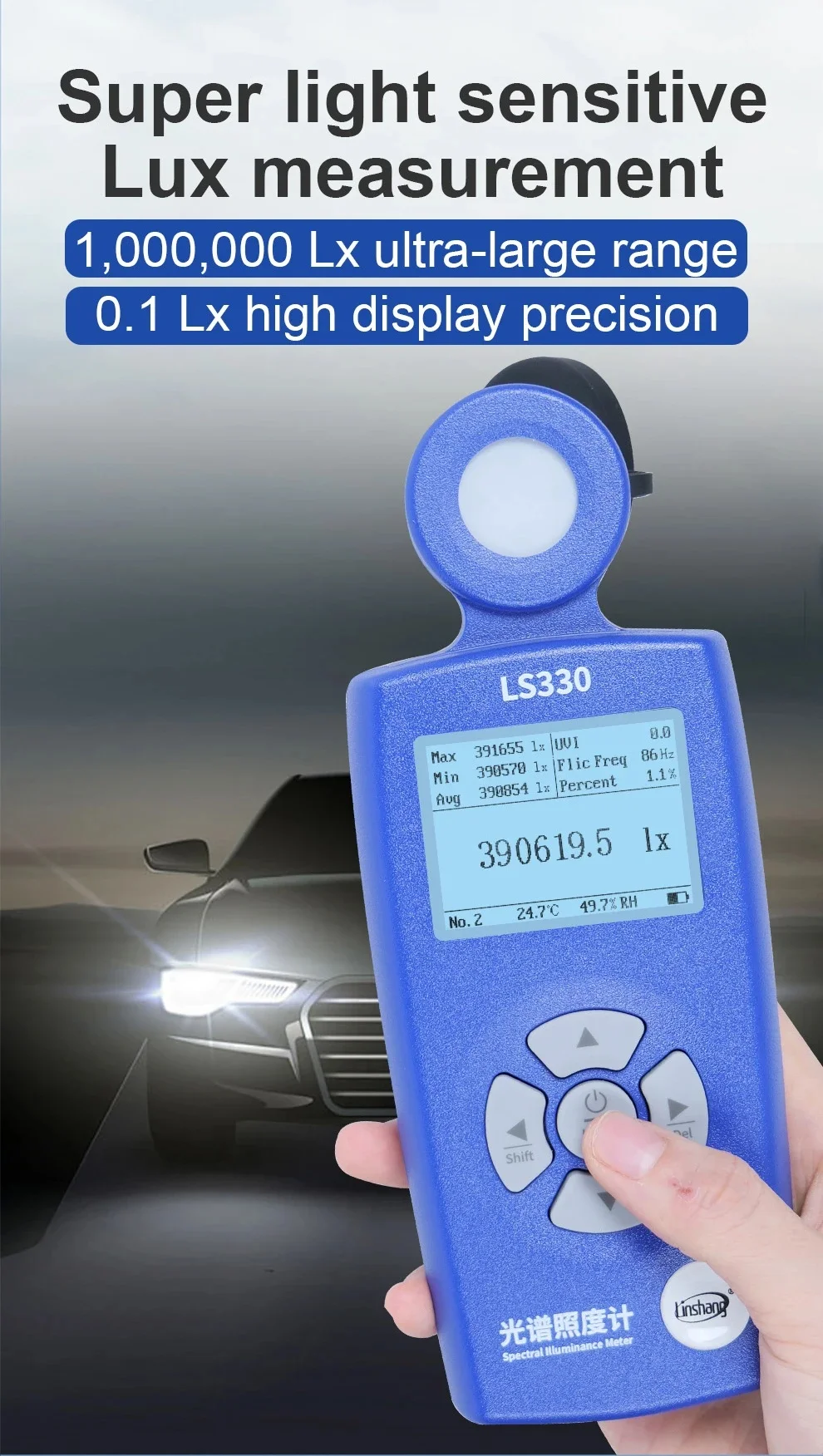 LS330 Light Meter Illuminometer Lux Spectral Illuminance Meter Digital CCT UVI CRI Ra Lx FC Flicker Frequency