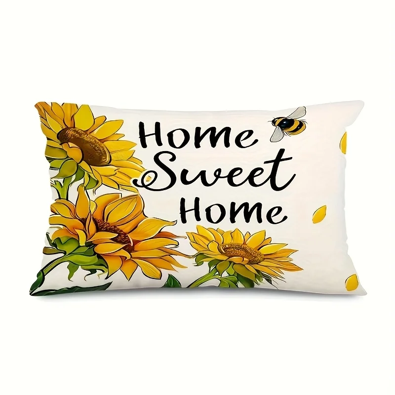 1pc Home Sweet Home Sunflower Bee Lumbar Pillow Cover,Suitable for Sofa,Bedroom,Living Room,Entryway, Warm Gift for Home Lovers.
