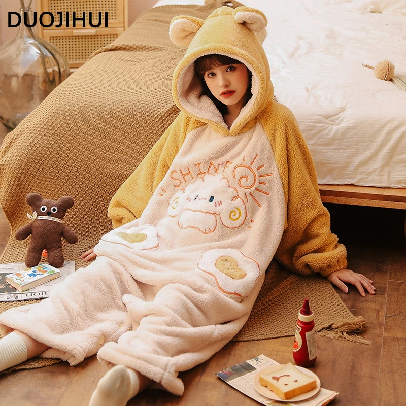 DUOJIHUI Soft Hooded Winter Flannel Thick Warm Onesie Women Female Cute Long Sleeve Fashion Print Loose Simple Sleepwear Onesies